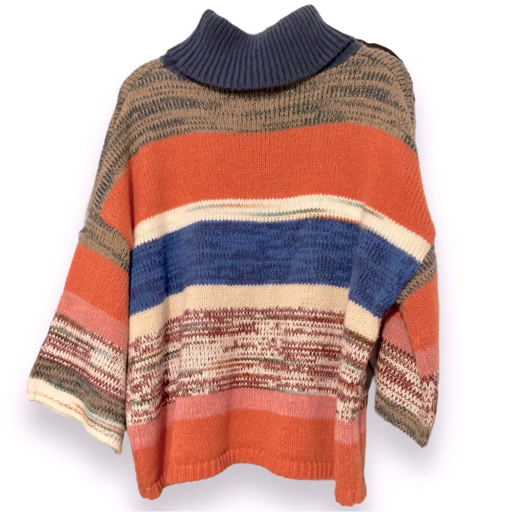 KNOX ROSE™ Cozy Colorful Striped Knit Turtleneck Sweater w 3/4 length Sleeves - Picture 7 of 8